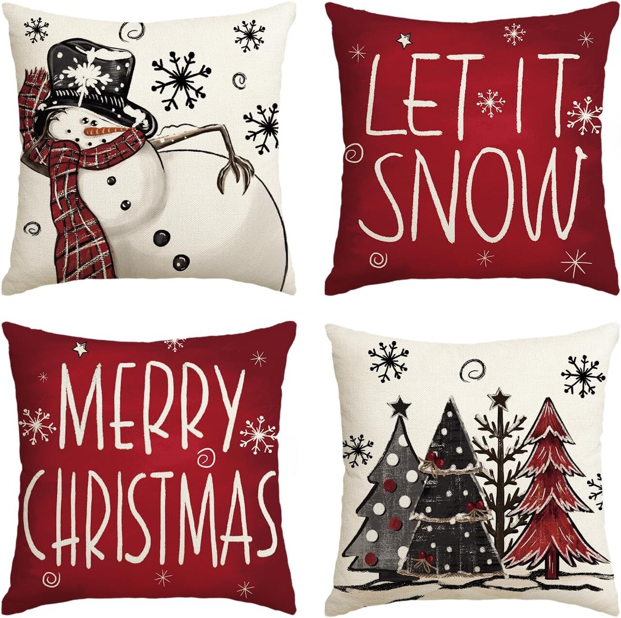 Merry Christmas Snowman "Let It Snow" Throw Pillow Covers 20x20 Inch, Xmas Tree Winter Holiday Cushion Cases for Sofa & Couch, Set of 4